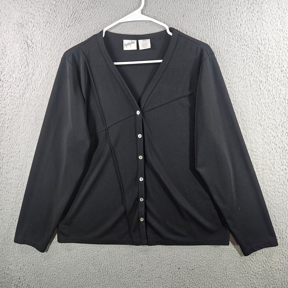 Jacqueline Ferrar Womens Black V-Neck Button Front Cardigan Asymmetric Seam Sz L